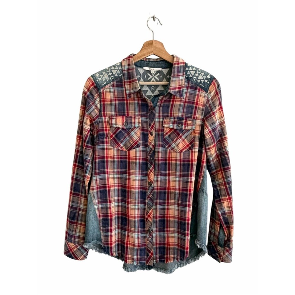 Miss Me Womens Plaid Boho Western Embroidered Button Up Top Size S Cowgirl Indie